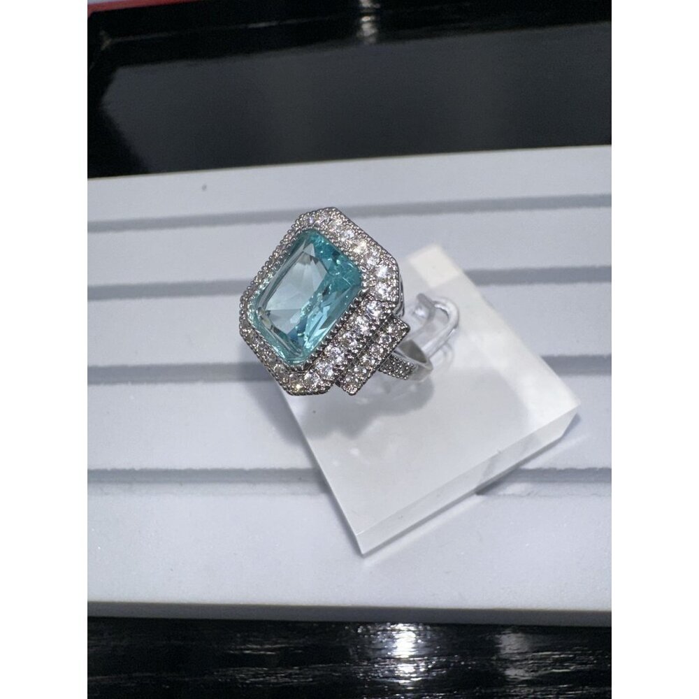 Aquamarine Cubic Zirconia Crystal Statement Ring Size 6 - Picture 9 of 16